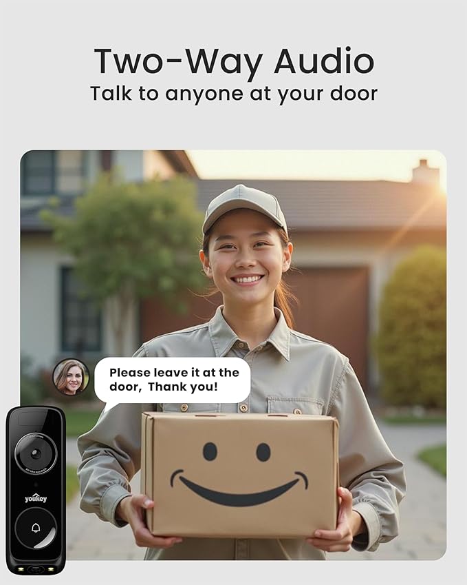 youkey Wired Doorbell Camera with Chime, No Monthly Fee, 2K Video Doorbell with Head-to-Toe Live-view, Package Detection, 2.4/5GHz WiFi-6, Built-in 8Gb Storage, Two-way Talk, Color Night Vision, DB322