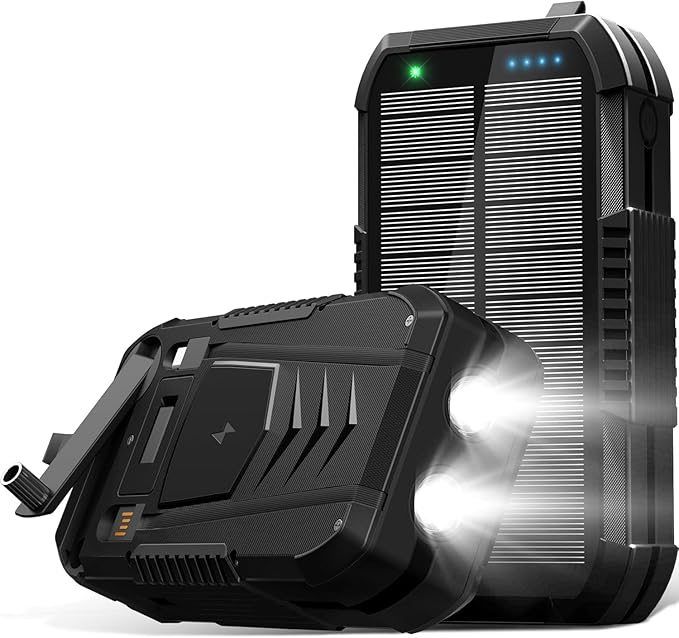 Solar Charger Wireless Power Bank 70000mAh Built in 2 Cables and Hand Crank, Portable Charger 22.5W Fast Charger 6 Outputs & 4 Inputs External Battery Pack with Bright Flashlight and Compass