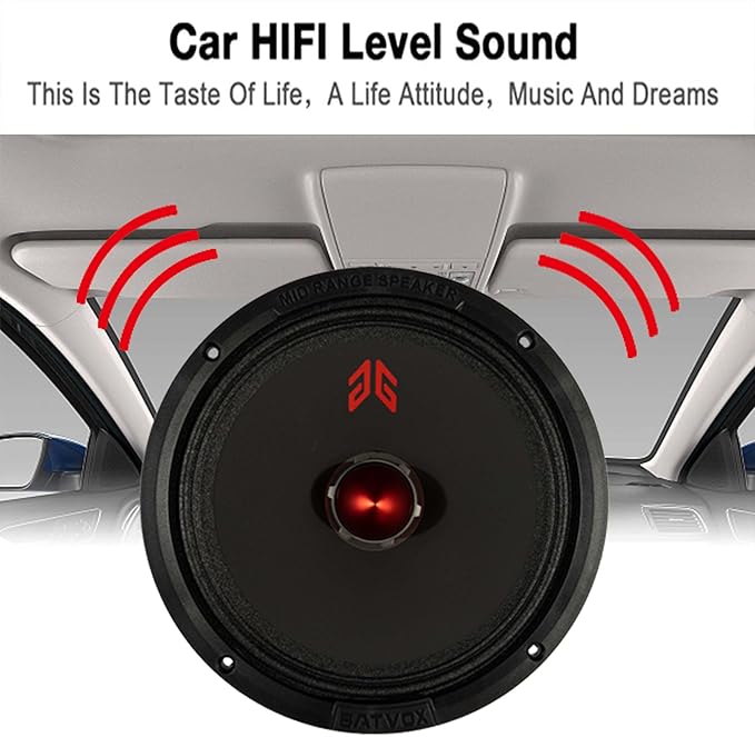 MX80E1 Midrange Loudspeaker 8" Red Bullet, 560W Max, 6 Ohms, Premium Quality Audio Door Speakers for Car or Truck Stereo Sound System, Black (2 Speaker)