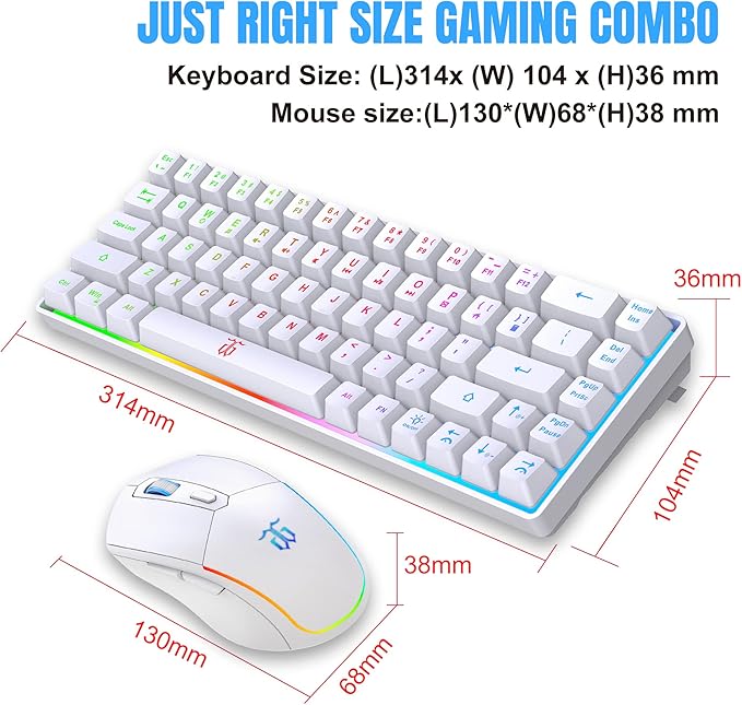 Snpurdiri 60% Wireless Gaming Keyboard and Mouse Combo,LED Backlit Rechargeable 2000mAh Battery,Mini Mechanical Feel Anti-ghosting Keyboard +Popular RGB Gaming Mice for PC Gamer (White)
