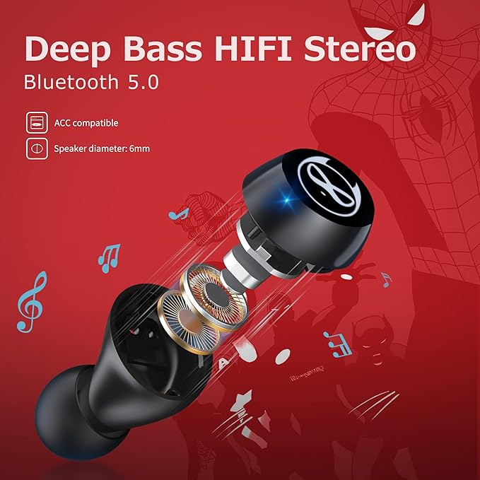 Wireless Earbuds, Touch Control Headset Stereo Sound in-Ear Wireless Earpiece, Bluetooth Earphones with Red Cartoon Charging Case