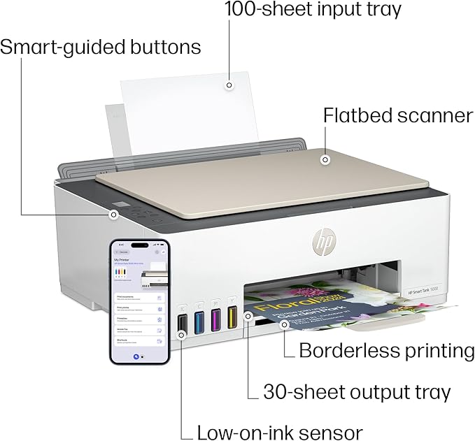 HP Smart Tank 5000 Wireless All-in-One Ink Tank Printer, Scanner, Copier with 2 years of ink included, Best-for-home, Refillable, AI-enabled (5D1B6A)