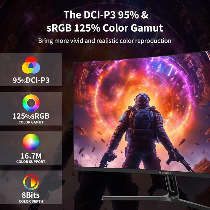 SANSUI 32-Inch Curved Gaming Monitor WQHD 2560 x 1440 180Hz Curved 1500R -Fast VA,1ms(OD), HDR, 300nits, sRGB 125%, DCI-P3 95%, FreeSync, HDMI x2, DP1.4x2(DP Cable Included)