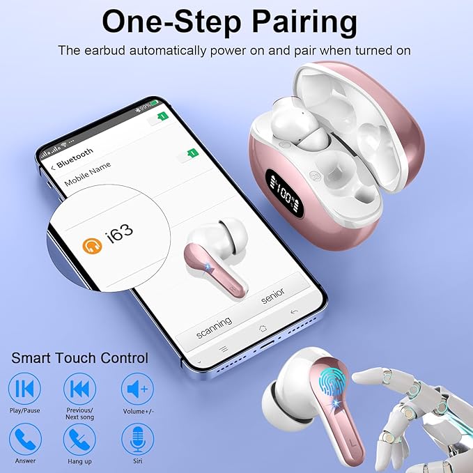 Wireless Earbud, Bluetooth 5.3 Headphones 40H Ear Bud in-Ear Bluetooth HiFi Stereo Sound with 4 Mics, IP7 Waterproof (Golden)