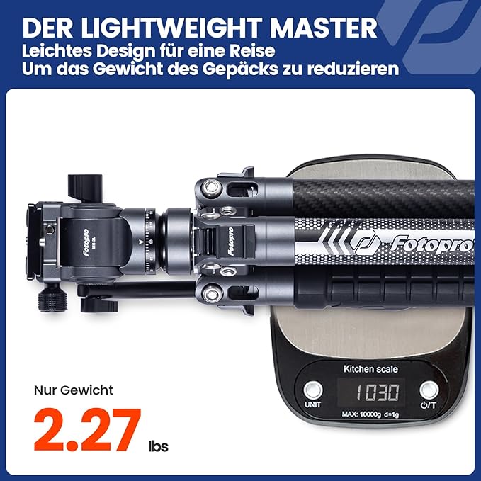 Fotopro Carbon Fiber Travel Tripod 2.2lbs Ultralight 64 Inch Portable Compact Travel Video Tripod for Camera DSLR Load up to 22lb X-Aircross 3 Lite Video Grey