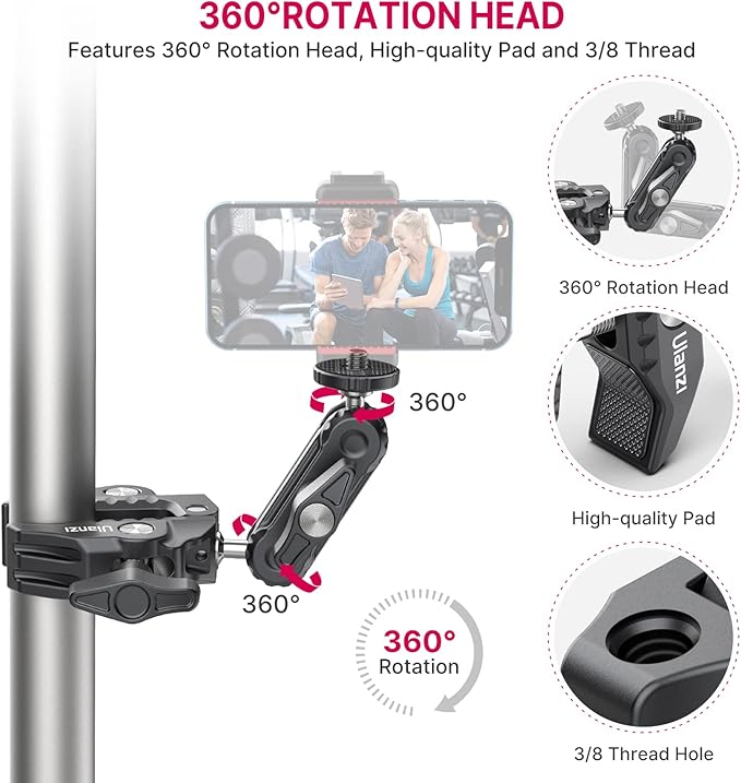 ULANZI Super Clamp Camera Clamp Mount Monitor 360° Ballhead Magic Arm Double Ball Head Adapter with 1/4"-20 & 3/8"-16 Thread ST-07 Phone Tripod Mount