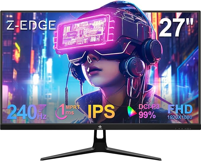 Z-Edge 27 inch Gaming Monitor, FHD 1080P 240Hz, Ultra-Fast MPRT 1ms Monitor, DCI-P3 99%, SRGB 120%, 8 bits, UG27PJ Frameless Bezel, 2X DP 1.4 Ports and 2X HDMI 2.0 Ports