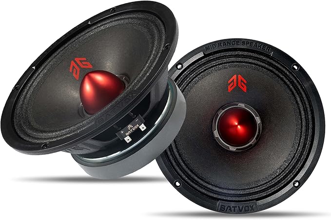 MX80E2 Midrange Loudspeaker 8" Red Bullet, 640W Max, 4 Ohms, Premium Quality Audio Door Speakers for Car or Truck Stereo Sound System, Black (2 Speaker)