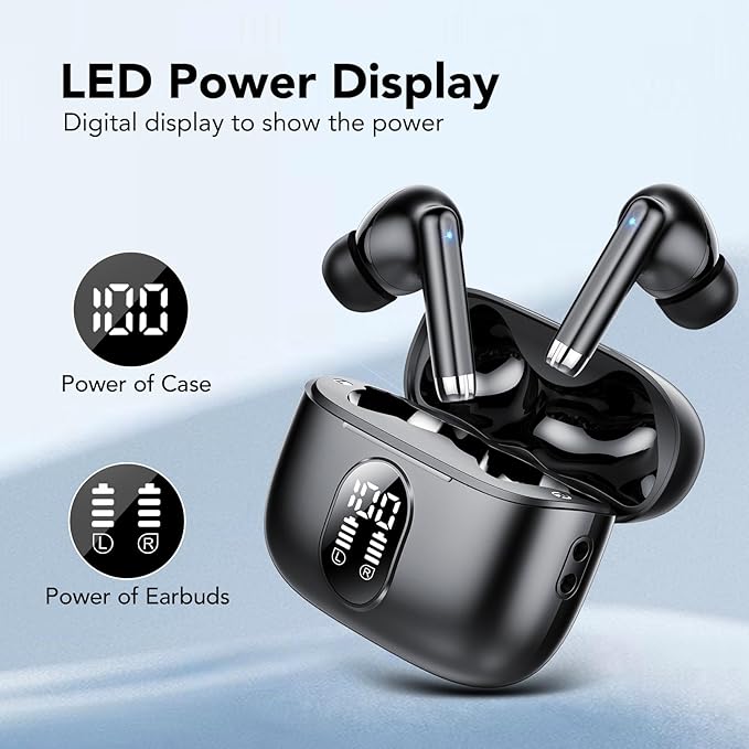 Wireless Earbuds, 2025 New Bluetooth 5.4 Headphones HiFi Stereo with 4 ENC Mic, 40H Mini Ear Buds In-Ear Noise Cancelling Earbuds with LED Screen, Ultra Light Bluetooth Earphones Black for Android iOS