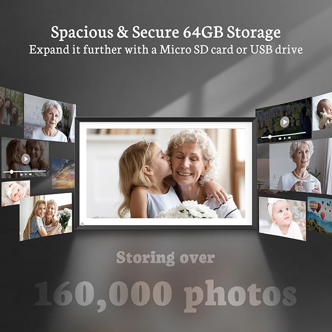 BSIMB 15.6 Inch Digital Picture Frame, 64GB FHD Large Digital Photo Frame WiFi Photo Frame Electronic Touchscreen Remote Control, Share Videos and Photos via App/USB/SD Card, Gift for Mom