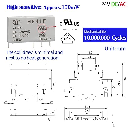 3 Pcs Miniature Power Relay 24V DC/24V AC HF41F/24-ZS 6Amp SPDT with LED Indicator with Socket Base 41F-1Z-C2 with DIN Rail