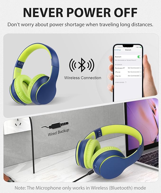rockpapa E7 Over Ear Wireless Bluetooth Headphones with Mic Include Travel Case, Foldable Wired/Wireless Headphones with Microphone for Kids Childrens Boys Girls Teen Youth Adult Blue Green