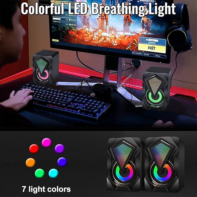 NJSJ Computer Speakers with Colorful RGB Lights, USB Powered 3.5mm Aux- in Mini PC Speakers, Crystal Sound Portable Speaker for Desktop Laptop Monitor Black