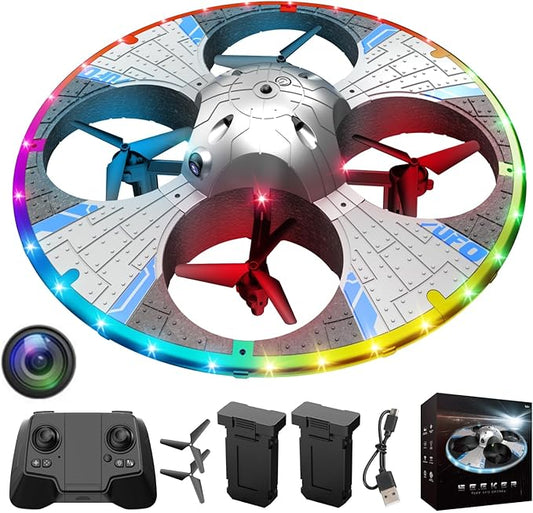 Round Foam RC UFO Drone with Camera, Multi-Color LED Lights (Color Switching), 360° Flips, Speed Adjustment, Remote Control Plane Helicopter, One-Key Takeoff/Landing, Beginner-Friendly FPV Quadcopter Airplane (Silvery)