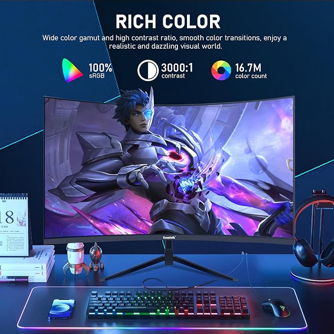 32 inch 2K QHD(2560×1440P) 165Hz Curved Gaming Monitor,PC Screen, 1ms，FreeSync, 98% sRGB，178° Wide Viewing Angle，DisplayPort、HDMI, Wall Mount Compatible 100 * 100MM Wall - Black