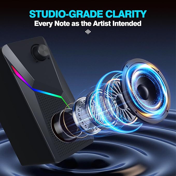 Computer Speakers, PC Speakers for Desktop with 6 Lighting Modes, PC Gaming Accessories, Stereo Sound Desktop Computer Speakers with 2 Bass-Boost Ports, USB Powered 3.5mm AUX Cable