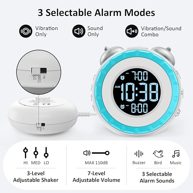 uscce Loud Dual Alarm Clock with Bed Shaker - 0-100% Dimmer, Vibrating Alarm Clock for Heavy Sleepers or Hearing Impaired, Easy to Set, USB Charging Port, Snooze, Battery Backup (White)