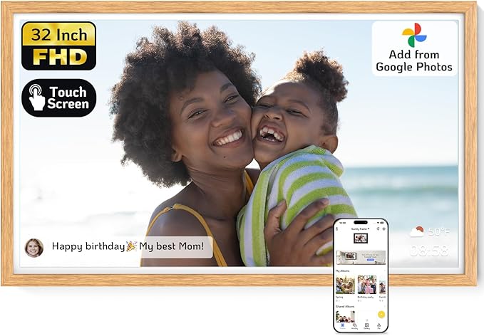 NexFoto Touchscreen Large Digital Picture Frame 32 Inch, FHD 1920 * 1080 WiFi Digital Photo Frame 64GB, Add Photos from Google Photos, Upload Videos Instantly, Wall Mountable, for Housewarming, Wood