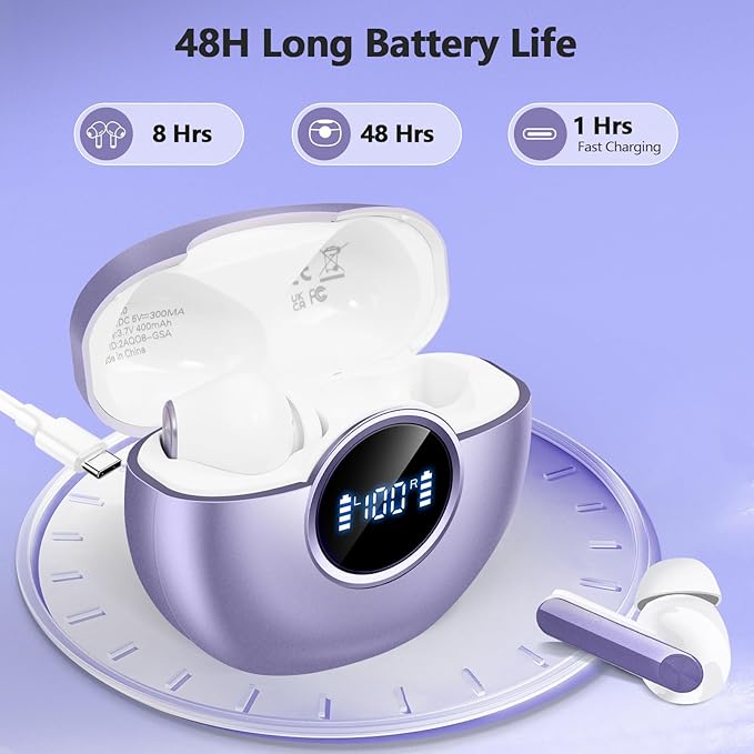 Wireless Earbuds 2025 NEW Bluetooth 5.4 Headphones Bass 3D Stereo, In-Ear Earphones with 4 ENC Noise Cancelling Mic, 48H Playtime with LED Display, IPX7 Waterproof for Laptop Android iOS, Light Purple