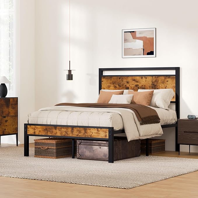 Z-hom Upgraded Full Size Bed Frame, Heavy Duty Metal Sturdy Full Bed Frame with Modern Wood Headboard & Footboard, Stable Platform Bed Furniture Bed Storage, No Noise, No Box Springs, Vintage Brown