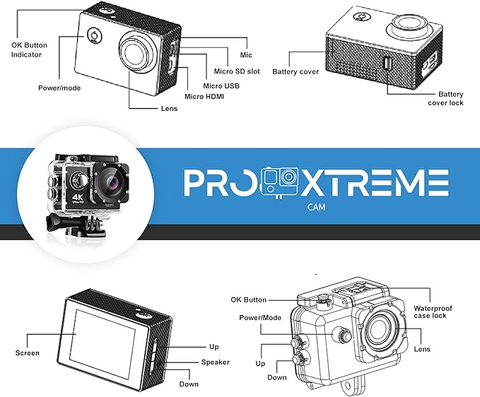 Pro Xtreme 4K Action Camera - Ultra HD Waterproof Camera Video Camera with Wi-Fi, 170° Wide Angle Lens, Image Stabilization, Multiple Mounting Options - Perfect Underwater Camera Snorkeling