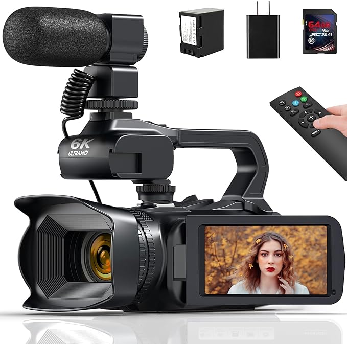 6K Video Camera Camcorder 64MP IR Night Vision Vlogging Camera for YouTube 18X Digital Zoom 4.0" Touch Screen Digital Camera with WiFi, Microphone, Charger, Stabilizer, Remote Control and 64GB SD Card