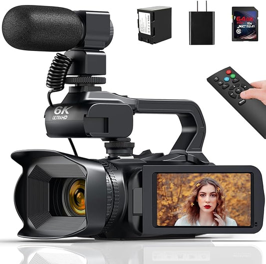 6K Video Camera Camcorder 64MP IR Night Vision Vlogging Camera for YouTube 18X Digital Zoom 4.0" Touch Screen Digital Camera with WiFi, Microphone, Charger, Stabilizer, Remote Control and 64GB SD Card