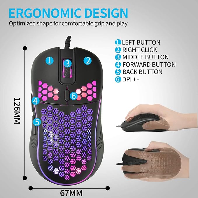 Honeycomb Wired Gaming Mouse with RGB On/Off Switch, 7200 Adjustable DPI, Ergonomic Lightweight Design & High Precision Sensor for PC/Mac Gamers (Black)