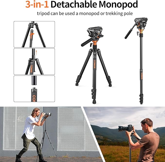 COMAN Camera Tripod with Fluid Head, 70.8" Detachable Compact Tripod with Monopod Aluminium Alloy and Quick Release Plate for DJI Canon Nikon Sony DSLR Camera Black Max Load 17.6lb