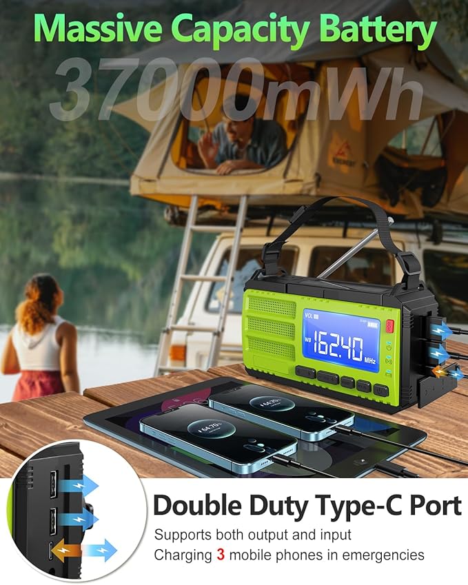 10000wAh/37000mWh Hand Crank Emergency Radio, AM FM NOAA Weather Alert Radio, Portable, Solar, 4 Charging Methods, 3-Mode Flashlight, Reading Lamp, SOS Alarm, Phone Charger for Winter Storm Emergency