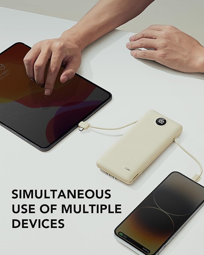 Portable Charger Built-in Cables and AC Wall Plug, USB C Power Bank 10000mAh, Travel Battery Portable Phone Charger Compact Lightweight External Battery Pack for Smart Phones, Tablets etc-Light Coffee