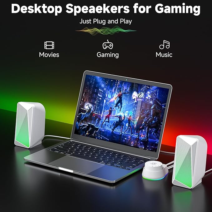 SOULION C30 Bluetooth Computer Speakers, 2.0 PC Speakers USB Powered & 3.5mm Aux Speaker with Easy-Control Pod, Pulsing & LED Flame Lights, Desktop Speaker for Monitor Laptop - White