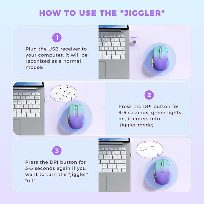 Wireless Mouse Jiggler - LED Wireless Mice with Build-in Mouse Jiggler Mover, Rechargeable Moving Mouse for Computer with Undetectable Random Movement Keeps Computer Awake - Gradient Purple