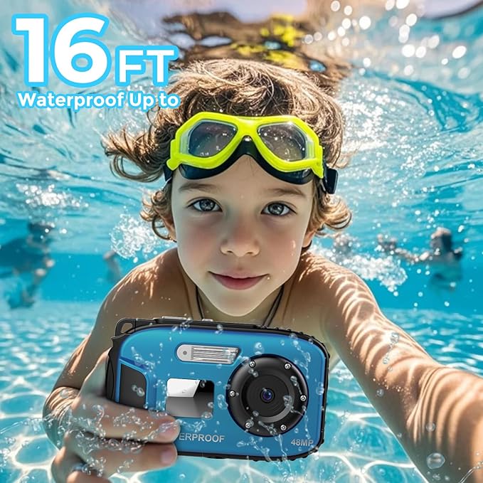 Underwater Camera 16FT Waterproof for Kids Waterproof Digital Camera for Snorkeling Swimming Autofocus 1080P Portable with Rechargeable Batteries, Sling, Blue