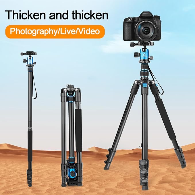 77 inch Camera Tripod Monopod for DSLR, Phone with 360° Panoramic Ball Head Detachable,2 QR Plate, Compact Foldable Aluminum Lightweight Travel Tripod, Bag Included for Camera, Phone(Blue)