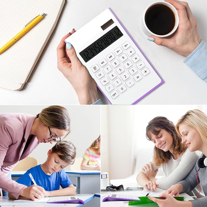 Purple Solar Battery Basic Office Calculator with Large LCD Display