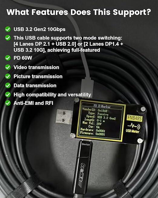 GeoHN.G Full-Featured Fiber Optic USB C to USB C Cable 10M/33FT, 10Gbps 4-Lanes Long Distance USB 3.2 Video Cable with PD 60W for VR Headsets/AR, Webcam, Laptop, Camera, Mini PC and Video Conference