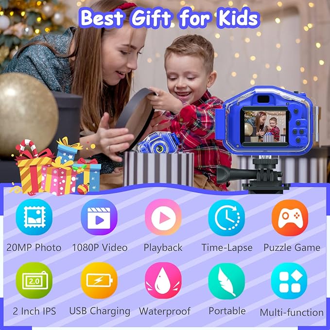 DEKER Kids Waterproof Camera, Christmas Birthday Gifts for Boys Girls Toys 3-12 Year Old, Underwater Mini Children HD Digital Action Camcorder, 2 Inch IPS Screen with 32GB Card (Dark Blue)