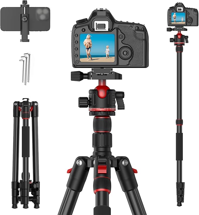 XXZU 74" Camera Tripod for DSLR/Monopod,360°Ball Head,Quick Release Plate,Phone Holder,Aluminum Lightweight Compact Travel Tripod Stand,Camera Tripod Compatible with DSLR/Phone,Max Load 10KG/22.05LB