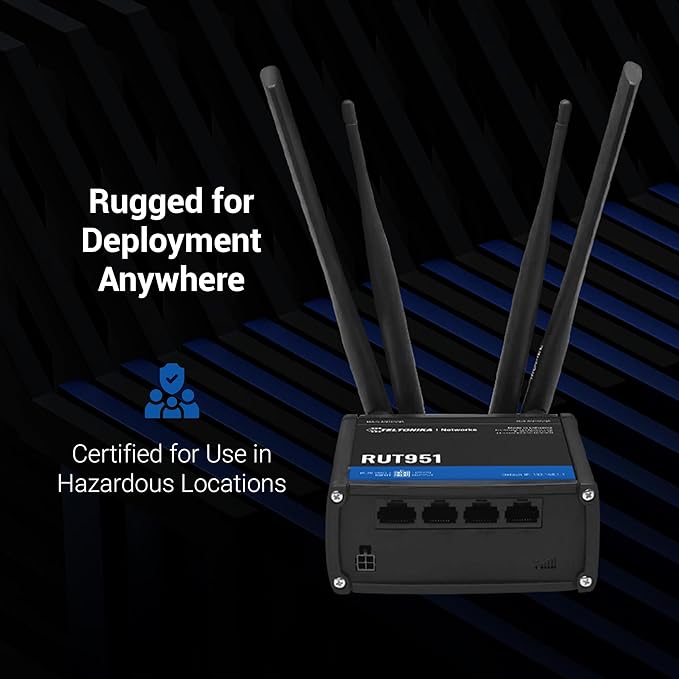 Teltonika RUT951 Industrial WiFi Cellular Router - 4G LTE (CAT 4), 3G - Wireless Access Point with Hotspot Functionality - Automatic WAN Failover, Dual SIM Internet Router (TELRUT951A00800)