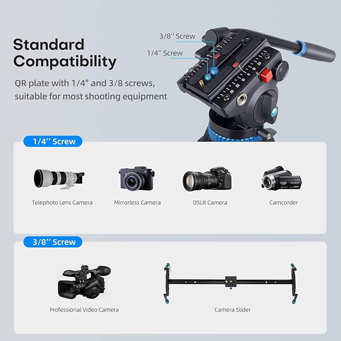 SIRUI AM-25S Video Tripod, 74.8" Professional Heavy Duty Tripod with Adjustable Damping Fluid Head for Camcorder, Cameras, DSLR, 360° Pan & +90°/-75° Tilt, Quick Release Plate, Max Load 22.0lb