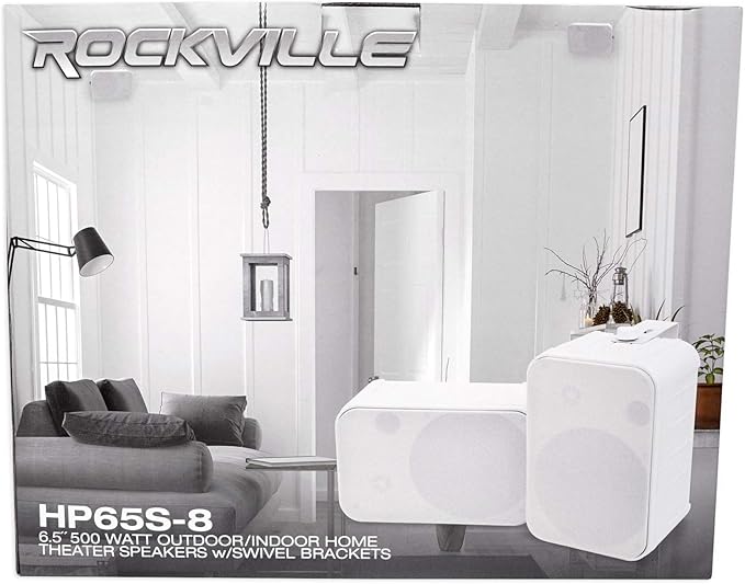 Rockville Pair HP65S-8 6.5" 500W White Outdoor/Indoor Speakers, 8 Ohm, Waterproof, Swivel Bracket, Paintable Grill, for Patio and Home Theater