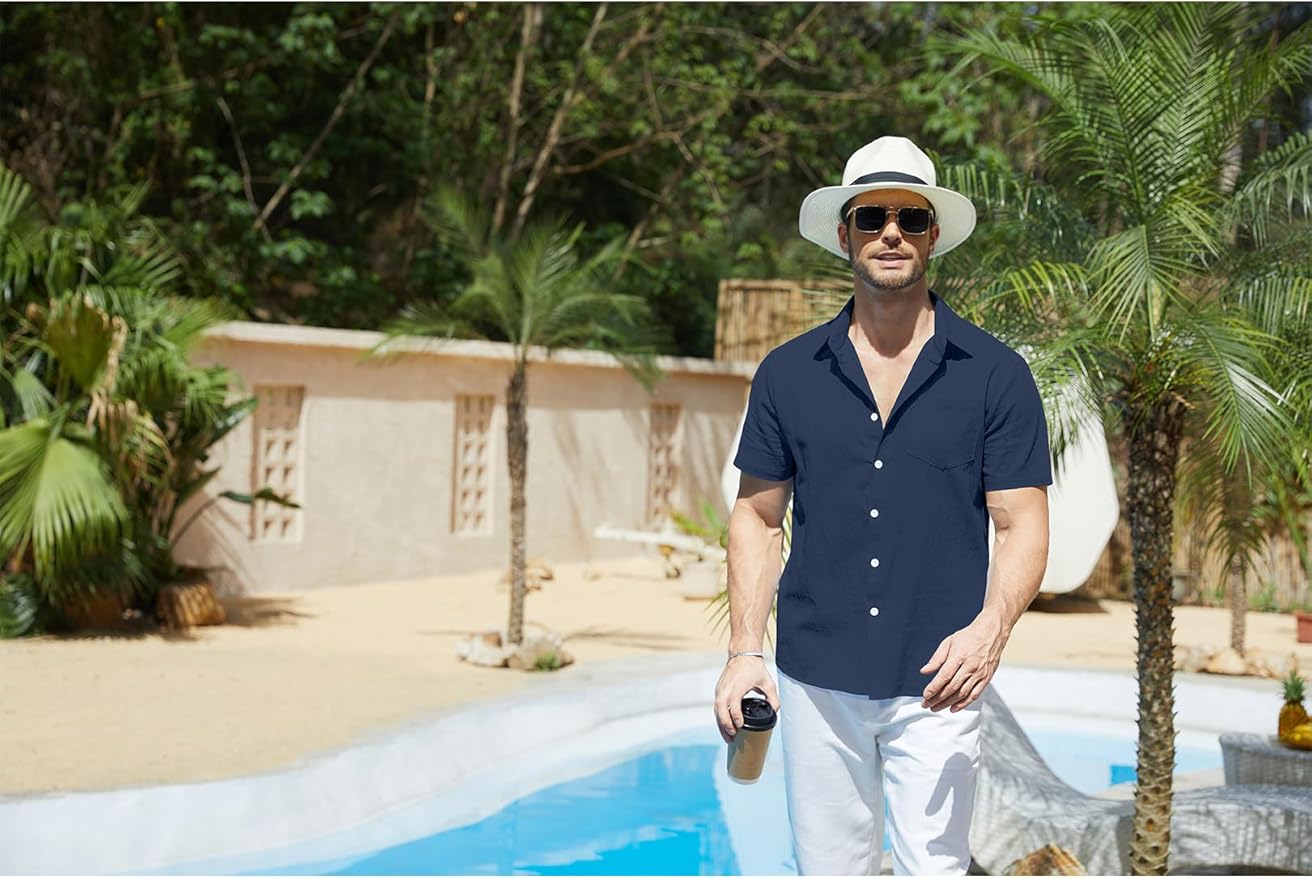 Vssjavun Mens Short Sleeve Button Down Shirts Casual Cotton Shirt Summer Beach Tops with Pocket