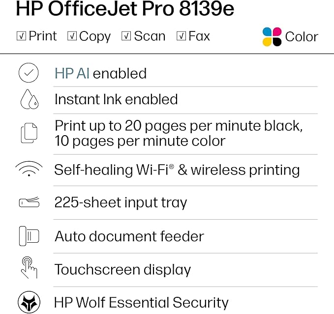 HP OfficeJet Pro 8139e Wireless All-in-One Color Inkjet Printer, Print, scan, Copy, fax, ADF, Duplex Printing Best-for-Home Office, 1 Year Instant Ink Trial Included, AI-Enabled (40Q51A)