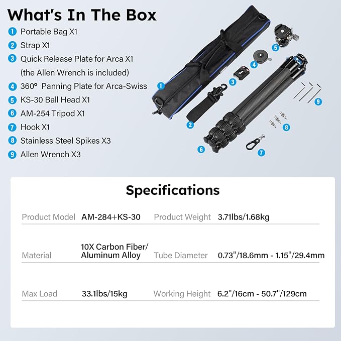 SIRUI Carbon Fiber Camera Tripod, 50.7" Professional Heavy Duty Tripod with 36mm Low Profile Ball Head, Quick Release System, Max Load 33lbs/15kg, AM-284+KS-30