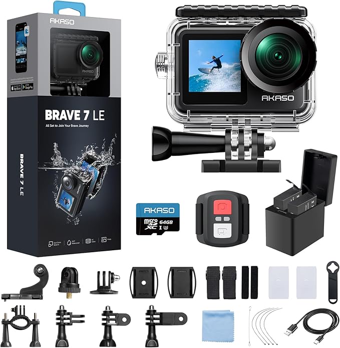 AKASO Brave 7 LE 4K30fps Action Camera with 64GB MicroSDXC U3 Memory Card Accessories Kit Bundle Ultra HD 131FT Waterproof Camera EIS 2.0 WiFi Remote Control Zoom Underwater Camera