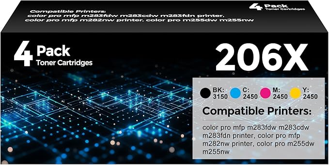 206X Toner Cartridges 4 Pack High Yield (with Chip) Color Pro MFP m283fdwm 255dw Toner Cartridges Compatible with HP206X HP 206X Toner for Color Laser Pro MFP M283fdw M283fdn M255dw M255nw