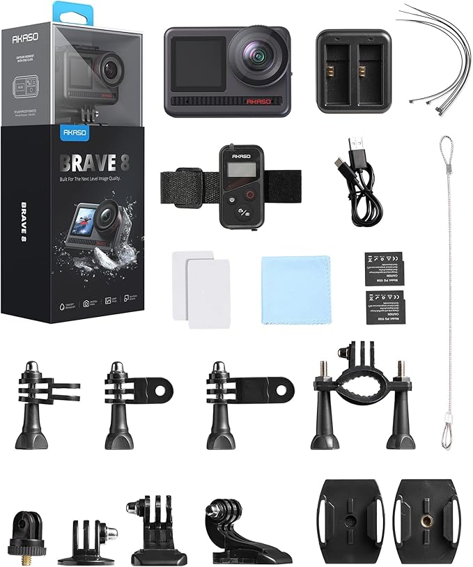 AKASO Brave 8 4K60FPS Action Camera, 48MP Photo Touch Screen Waterproof Super Wide Angle 16x Slo-mo SuperSmooth Stabilization Underwater Camera with Remote Control Helmet Accessories (Brave 8)