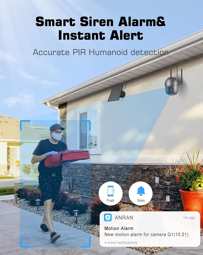 ANRAN 5MP Security Cameras Wireless Outdoor, Solar Camera Wireless with 360° View for Home Surveillance, WiFi Camera with Spotlights, PIR Detection, Color Night Vision, Siren Alarm, Q1 Max Grey