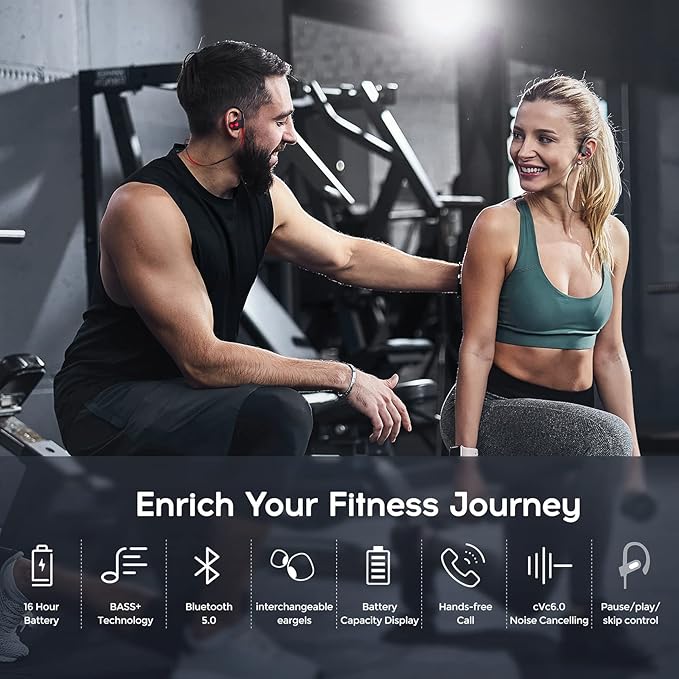 Sport Bluetooth Headphones with Microphone, 16H Deep Bass Running Headphones Wireless, IPX7 Waterproof Wireless Earbuds with Ear Hooks, CVC 6.0 Noise Cancelling Earbuds for Calls, Red